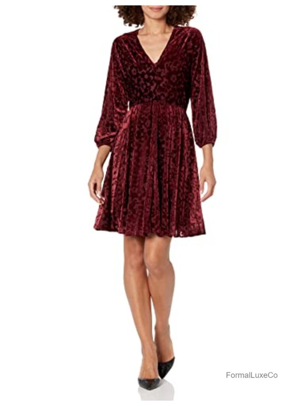 Velvet V-Neck Shift Dress Long Sleeve Floral Burnout Knee-Length